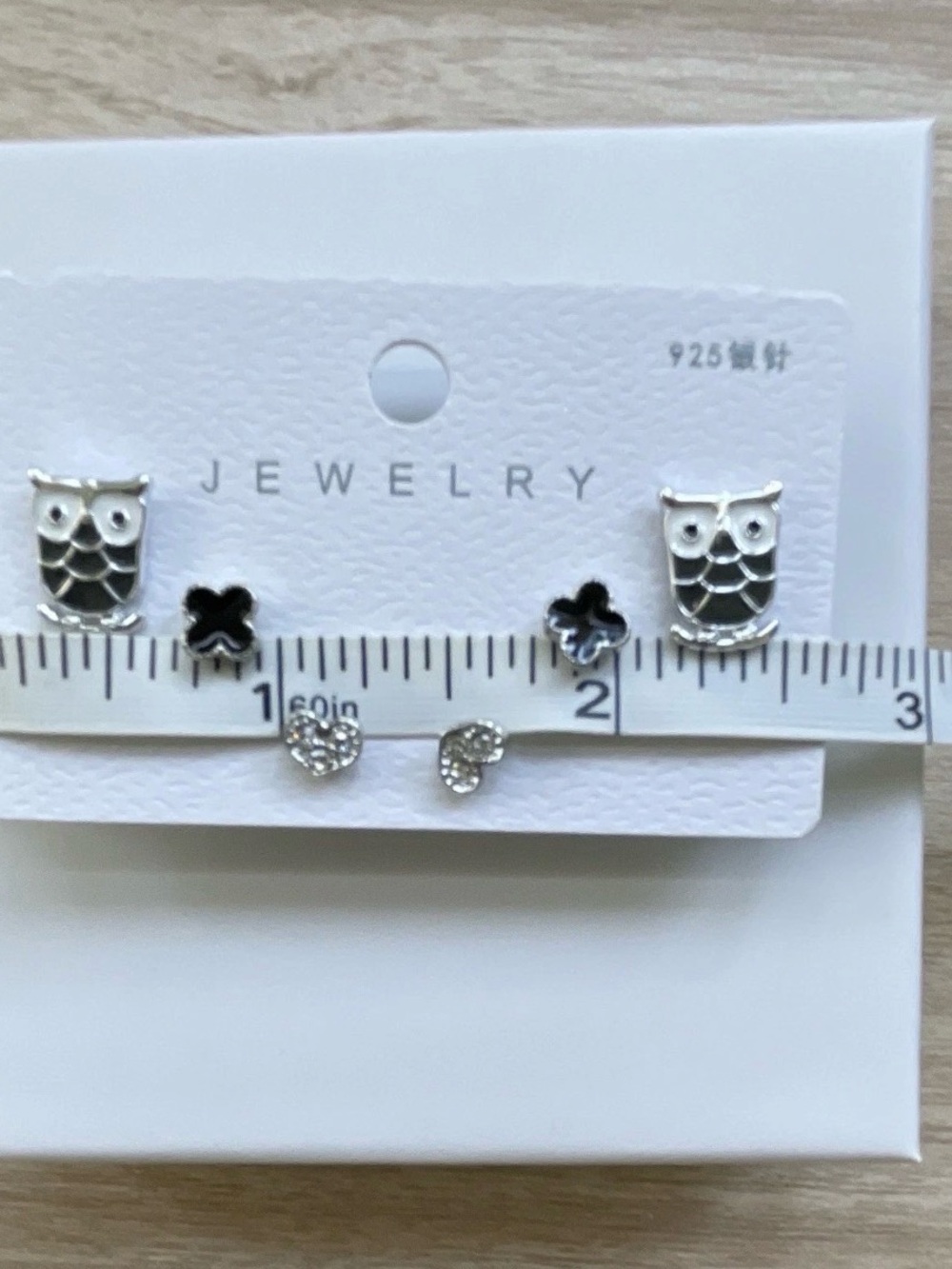 925 Sterling Silver Owl, Black Clover & Heart Earring Set - 3 Pairs - Picture 4 of 7